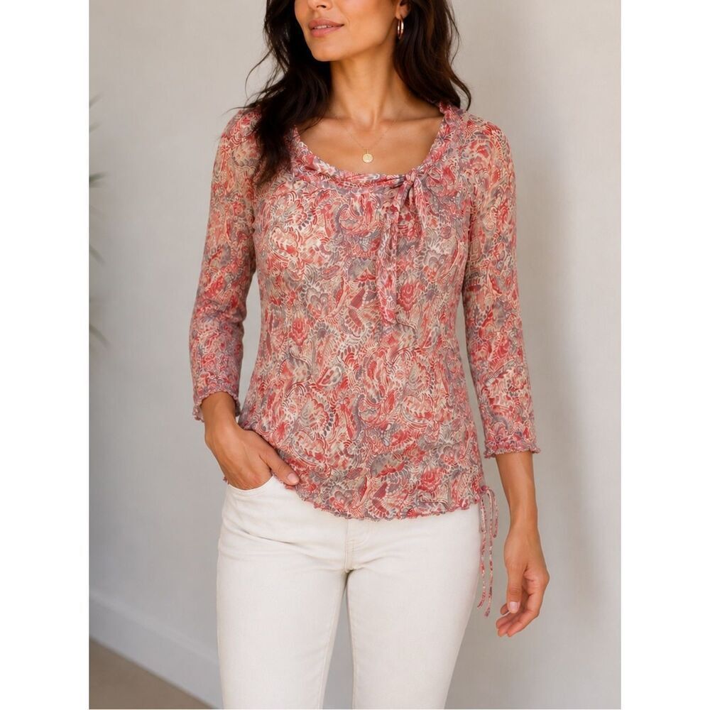 Elie Tahari Silk Floral Semi-Sheer 3/4 Sleeve Blouse Size S
